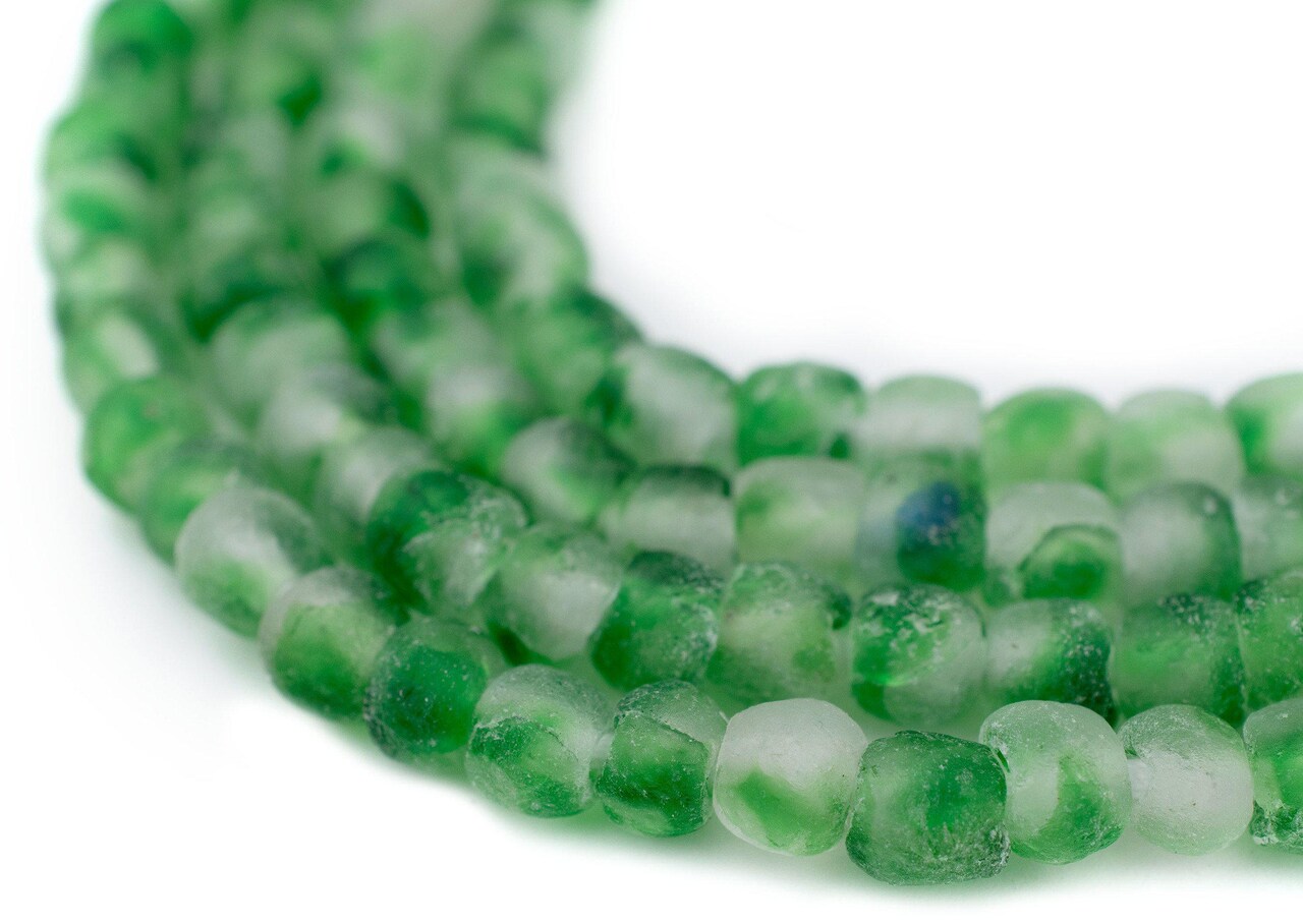 The Bead Chest African Recycled Glass Beads – Handmade in Ghana – Green Swirl 7mm Strand for Jewelry Making, Crafts, and Home Decor I Approximately 70 Beads